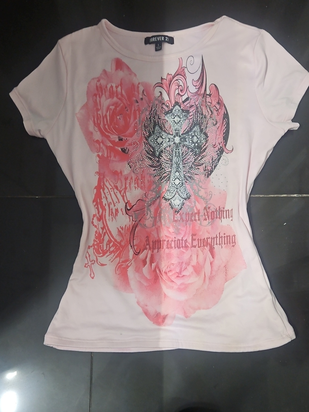 Forever 21 Pink Graphic Tee with Cross and Rose Print